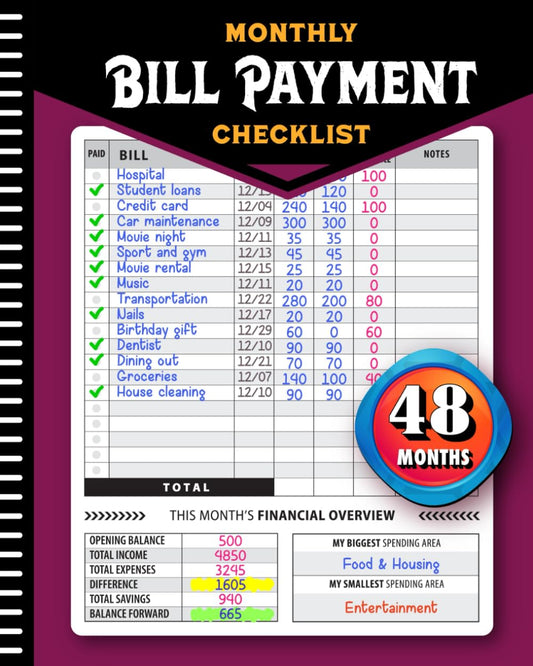 📊 4-Year Monthly Bill Payment Checklist and Financial Tracker Notebook 📅