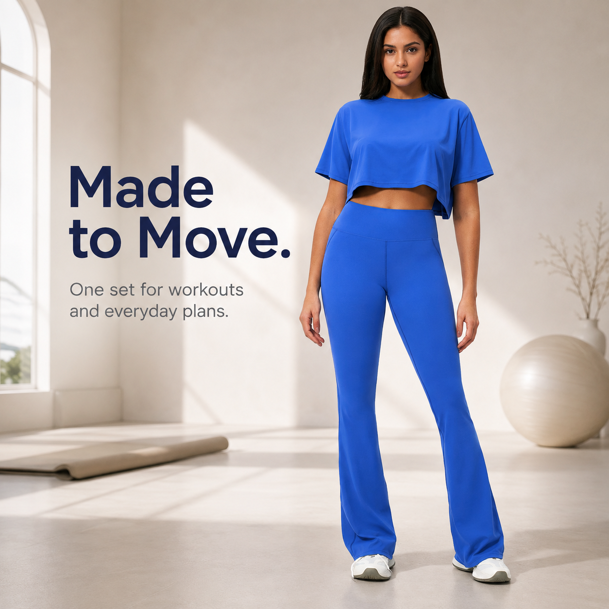 🌸 Women's 2-Piece Activewear Set: Cropped Tee & High-Waisted Flared Pants 🧘‍♀️