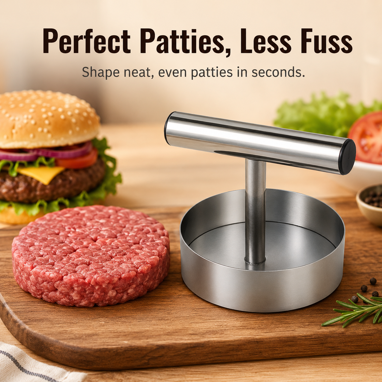 🍔 Stainless Steel Burger Patty Press Set – 85mm T-Handle Meat Mold Maker 🔥