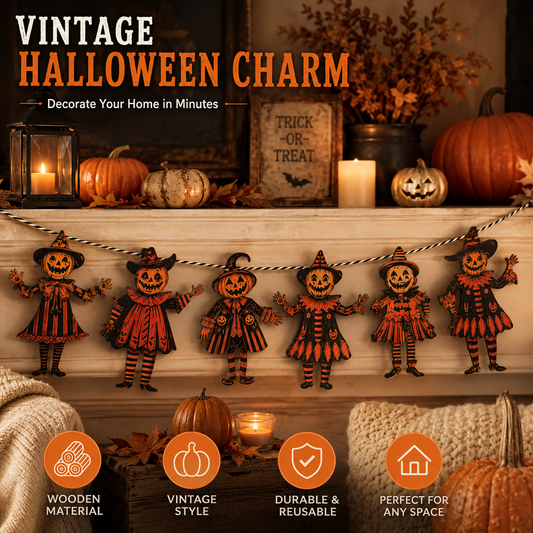 🎃 6 Piece Vintage Wooden Pumpkin Character Halloween Garland Banner Cutouts 🎃