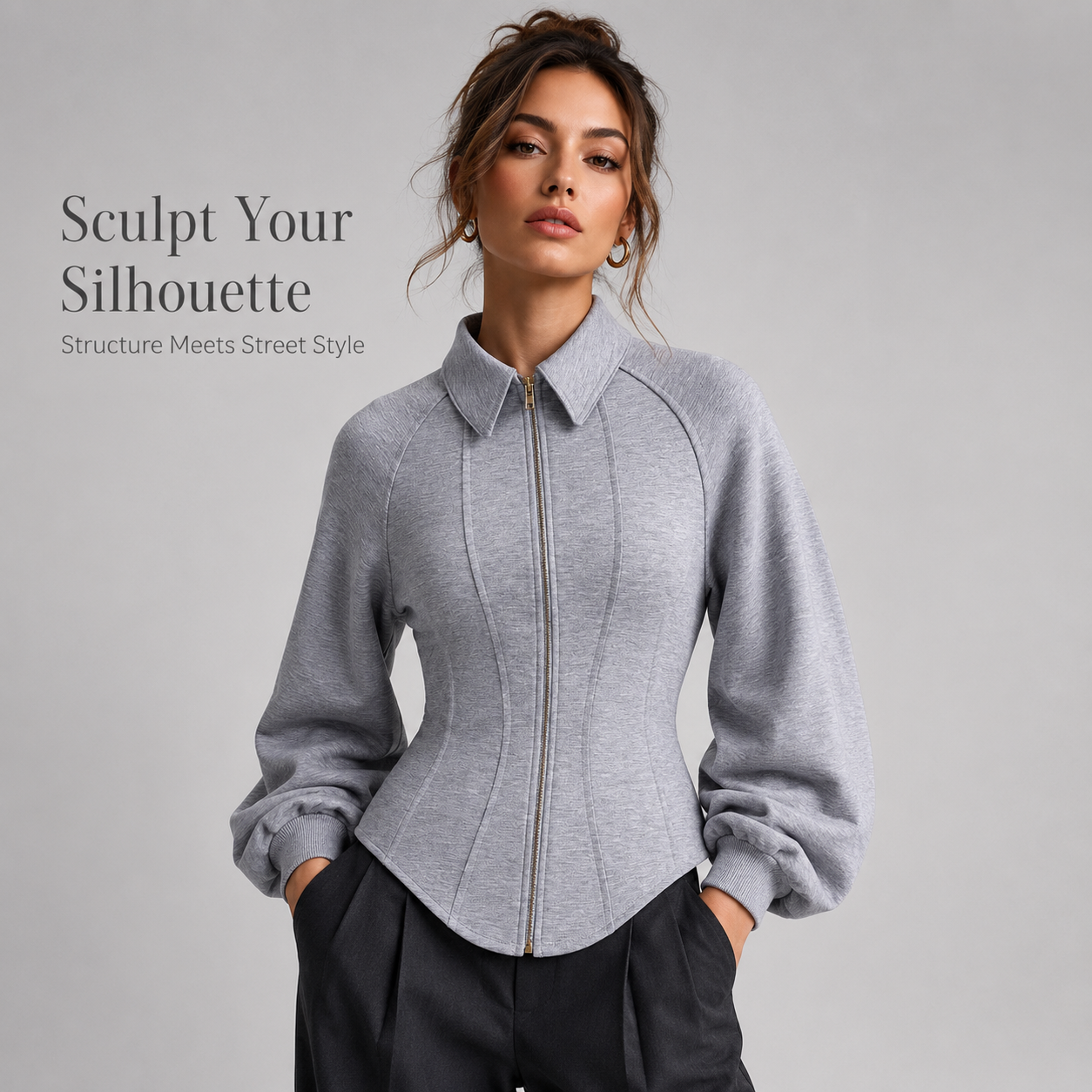 🧥 Womens Sculpted Grey Zip Jacket Corset Paneling Long Sleeve Streetwear Coat ✨