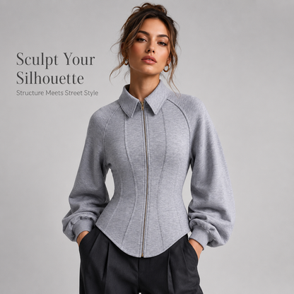 🧥 Womens Sculpted Grey Zip Jacket Corset Paneling Long Sleeve Streetwear Coat ✨