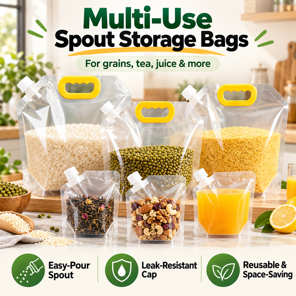 🥣 Reusable Spout Storage Bags – Pour, Store & Organize with Ease