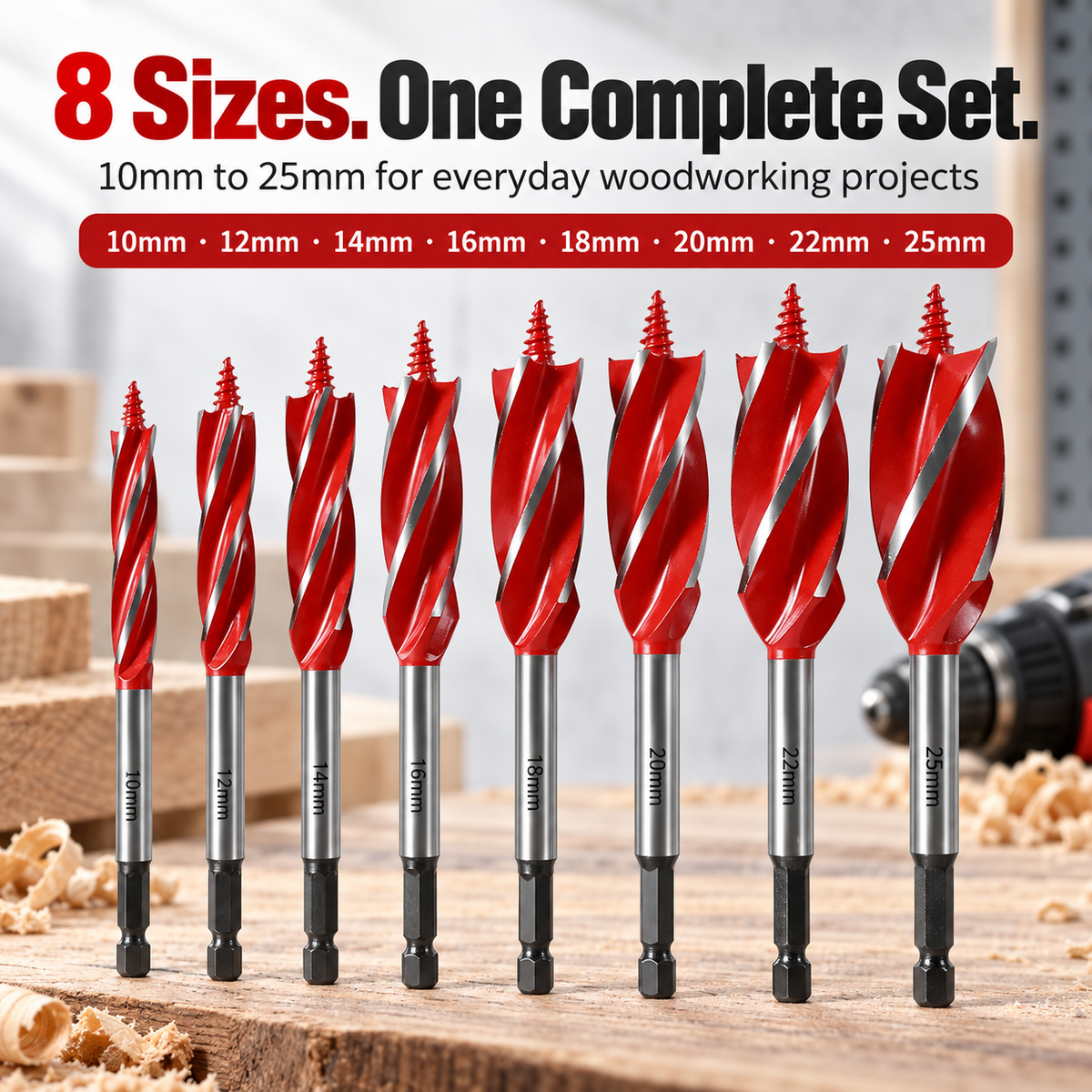 🔨 8-Piece 4-Flute Woodworking Drill Bit Set with Hex Shank 🪵