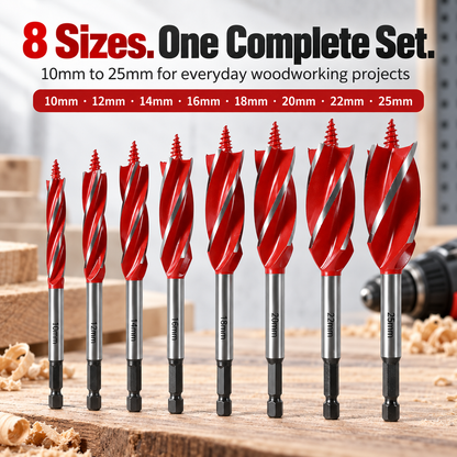 🔨 8-Piece 4-Flute Woodworking Drill Bit Set with Hex Shank 🪵