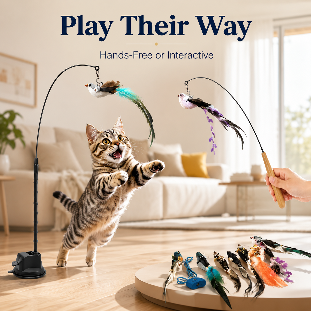 🐱 Interactive Cat Wand with Suction Cup & Natural Feathers 🪶