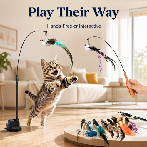 🐱 Interactive Cat Wand with Suction Cup & Natural Feathers 🪶