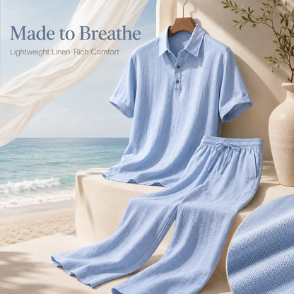 🌿 Men's 2-Piece Linen Outfit Set • Breathable Short-Sleeve Polo Shirt & Relaxed Pants 🏖️