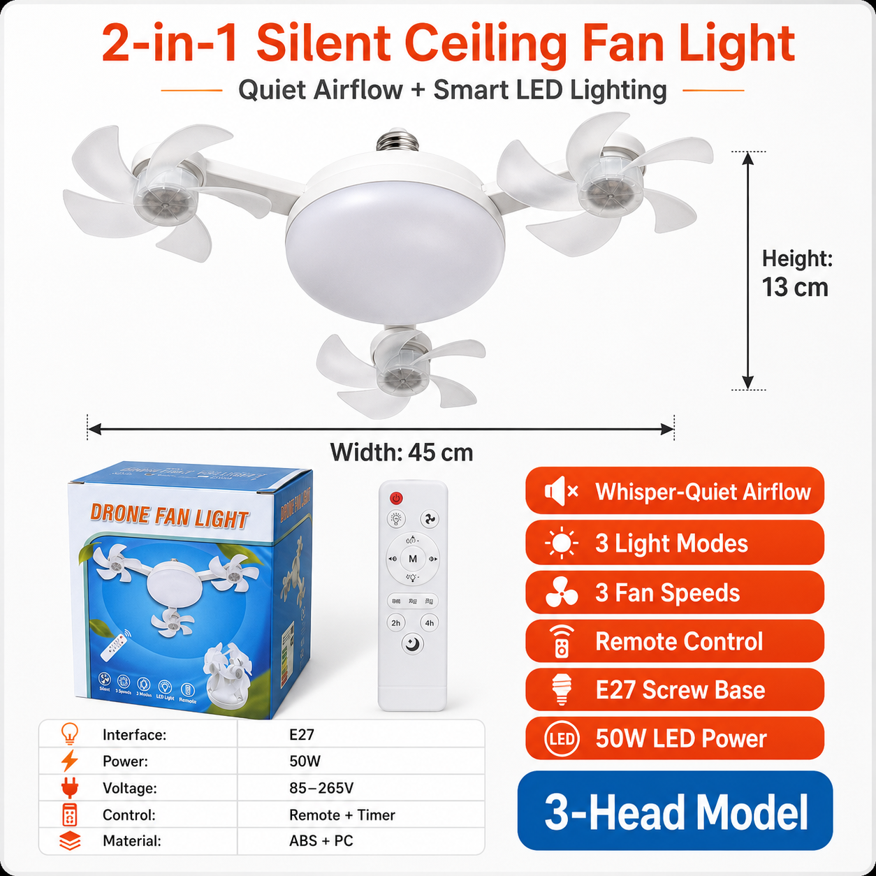 💥 55% OFF | Last Day ⏰ 🌬️ 2-in-1 Silent Ceiling Fan Light – Remote Control LED Fan with Foldable Blades & Timer 💡