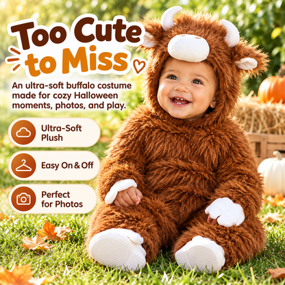 🦬 Baby Buffalo Halloween Costume – Cozy Plush Hooded Animal Jumpsuit for First Halloween Photos