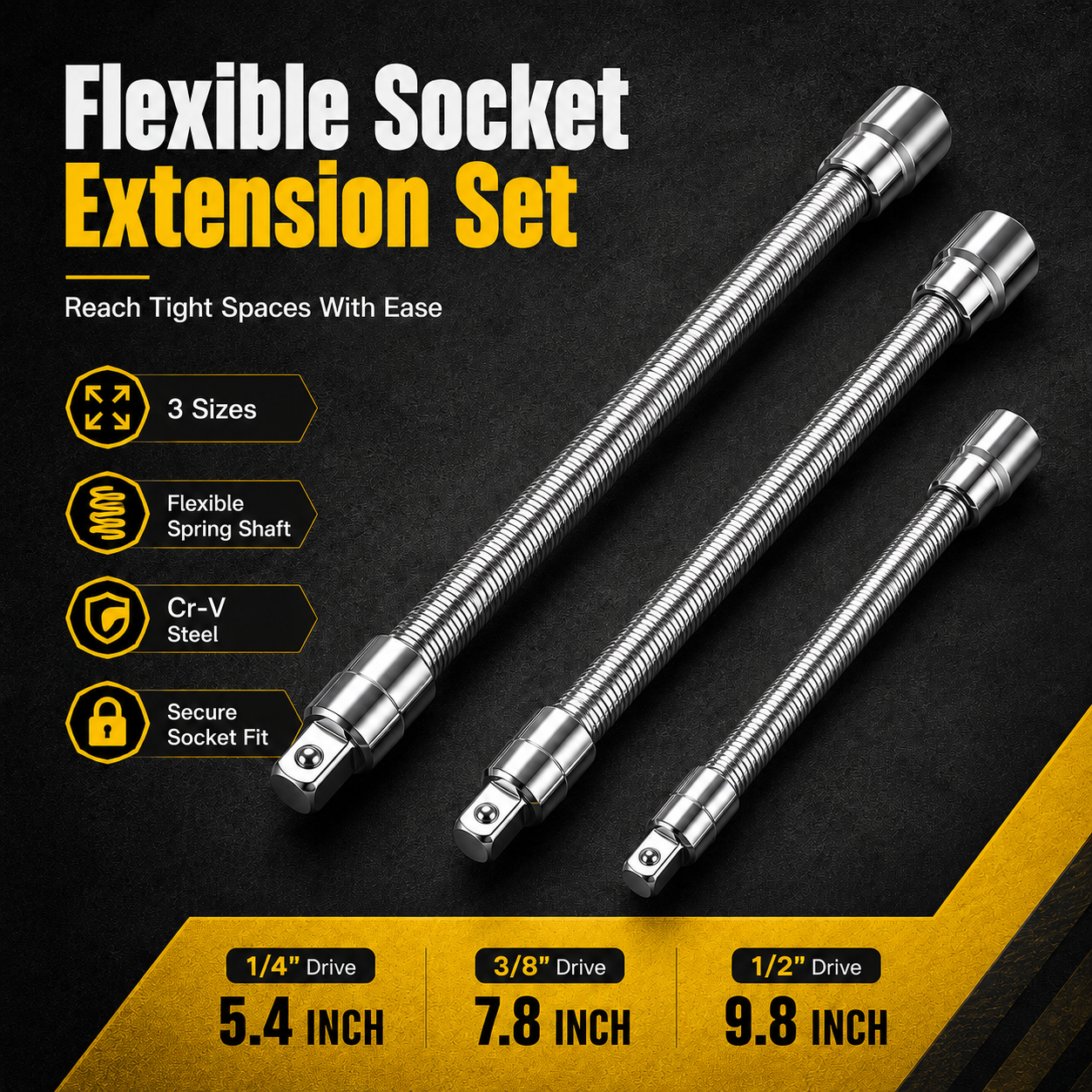 🔧 3-Piece Flexible Socket Extension Set – Reach Tight Bolts Faster