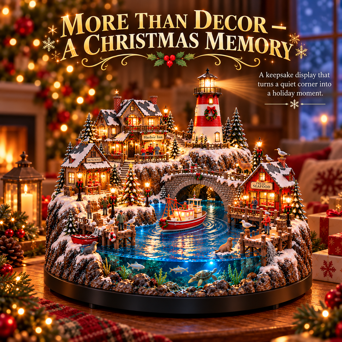 🌊 50%+ OFF Harborlight Christmas™ – Lighted Coastal Village with Lighthouse & Underwater Scene 🎄