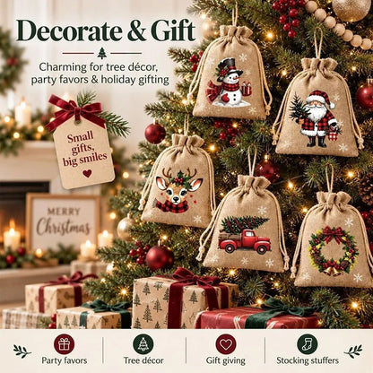 🎁 Christmas Drawstring Gift Bags – Festive Santa & Reindeer Prints, Double Drawstring Closure & Durable Fabric – Holiday Cheer in Every Gift ✨