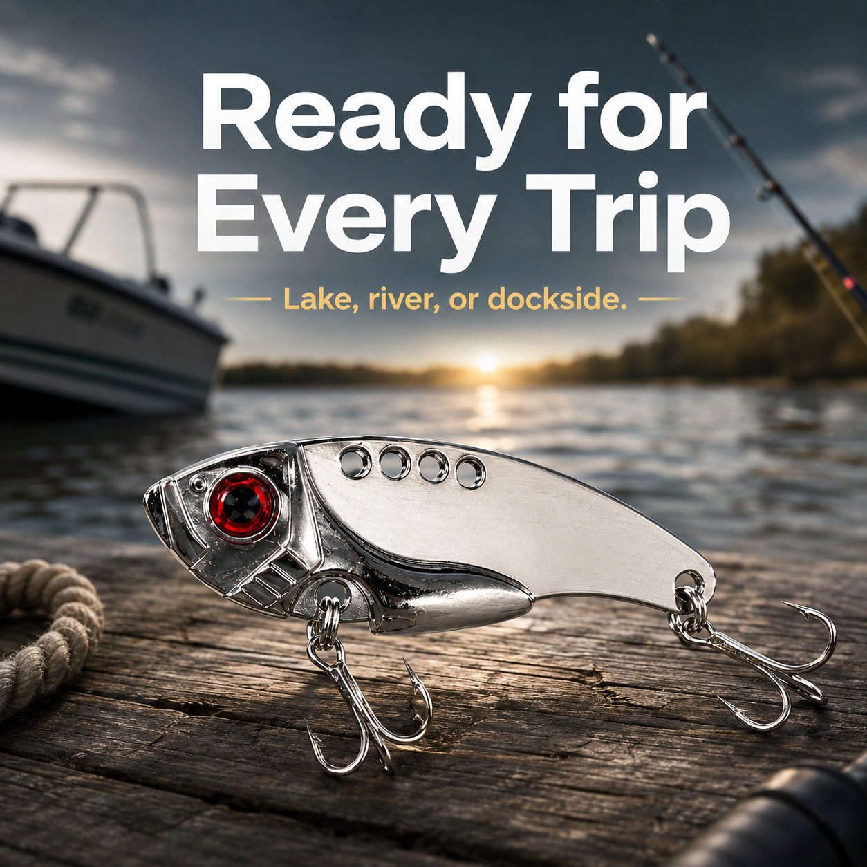 Blade-style lure with 3D red eyes; a rigid, action-adjustable spoon-style lure