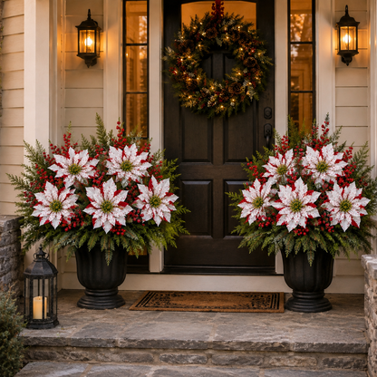 🎄 Set of 6 Christmas Poinsettia Planter Insert Picks – Red & White Holiday Urn Decor 🌺