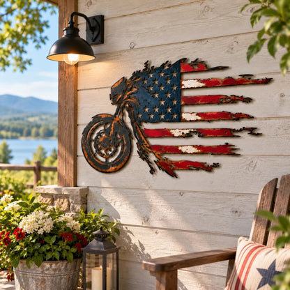 🏍️ Vintage American Flag Motorcycle Metal Wall Art – Bold Garage Decor 🇺🇸