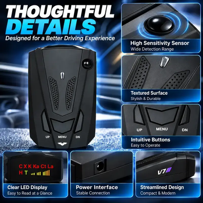 🚗 V7 Smart Radar Detector 📡 Multi-Band Detection with Voice Alerts, LED Display & City/Highway Modes