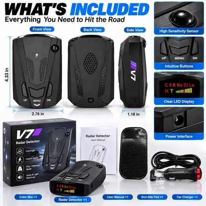 🚗 V7 Smart Radar Detector 📡 Multi-Band Detection with Voice Alerts, LED Display & City/Highway Modes