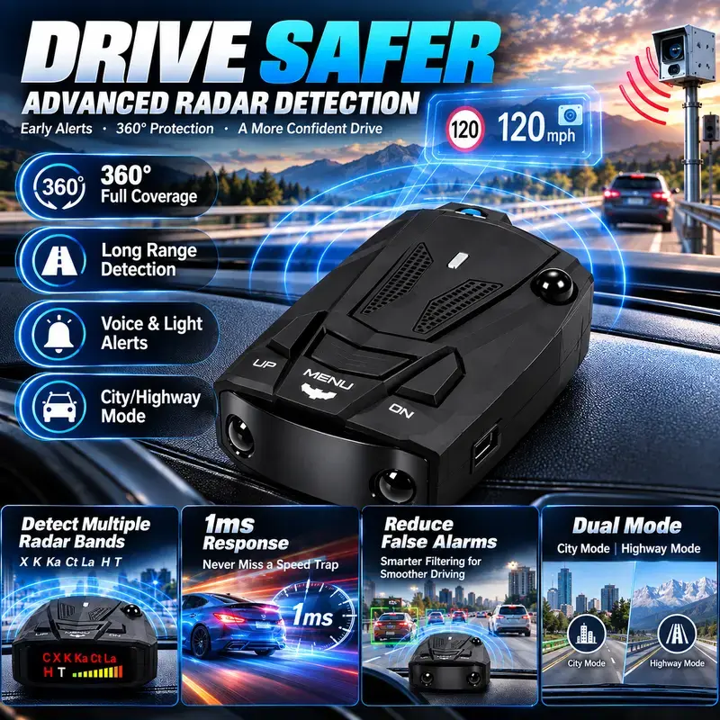 🚗 V7 Smart Radar Detector 📡 Multi-Band Detection with Voice Alerts, LED Display & City/Highway Modes