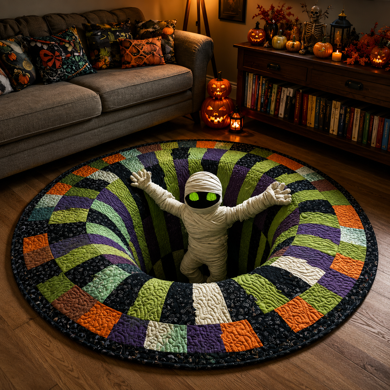 🎃 Spooky 3D Skeleton Portal Quilted Halloween Round Rug