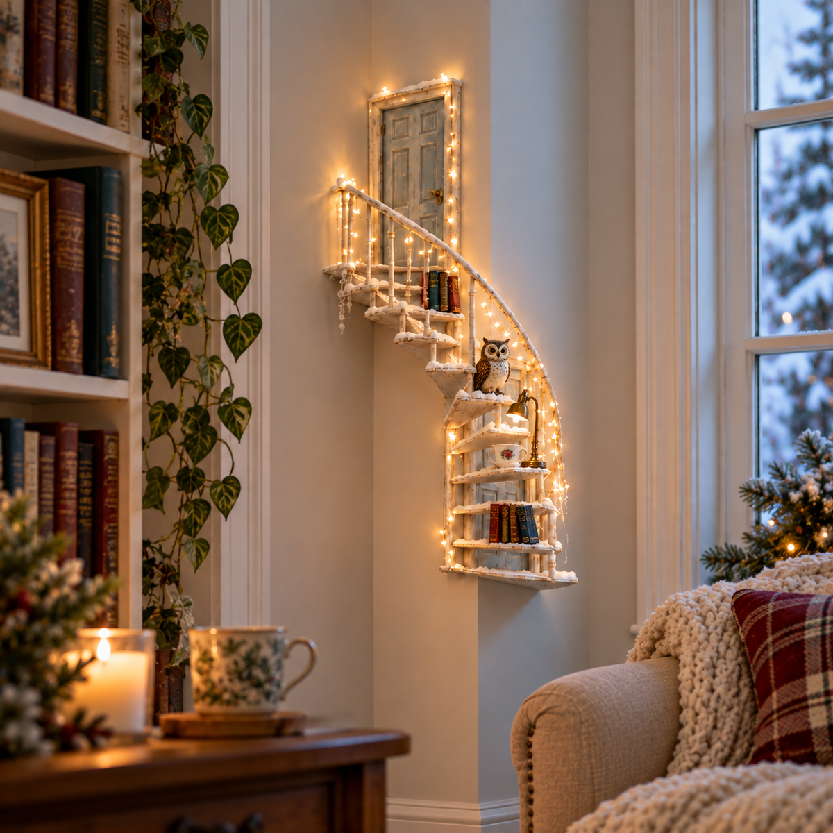 Lighted Winter Fairy Door Staircase Wall Decor 🧚‍♀️❄️ – Enchanted Christmas Wall Art
