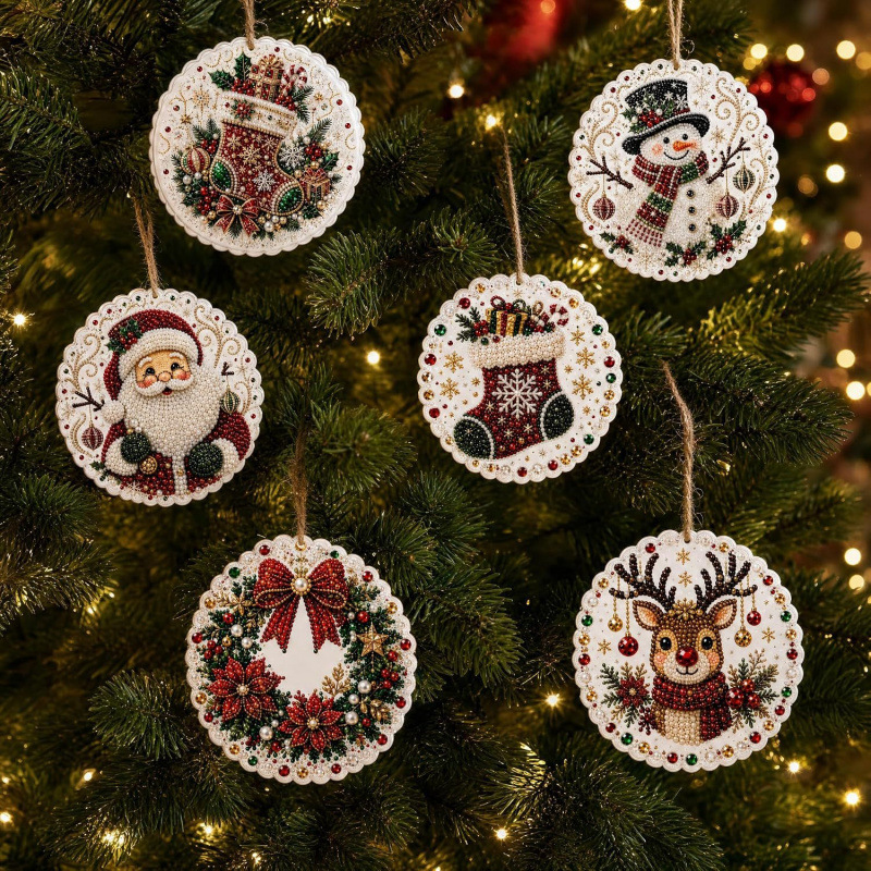 🎄 6-Piece Christmas Diamond Art Wooden Ornament Kit – DIY Pearl & Rhinestone Crafts ✨
