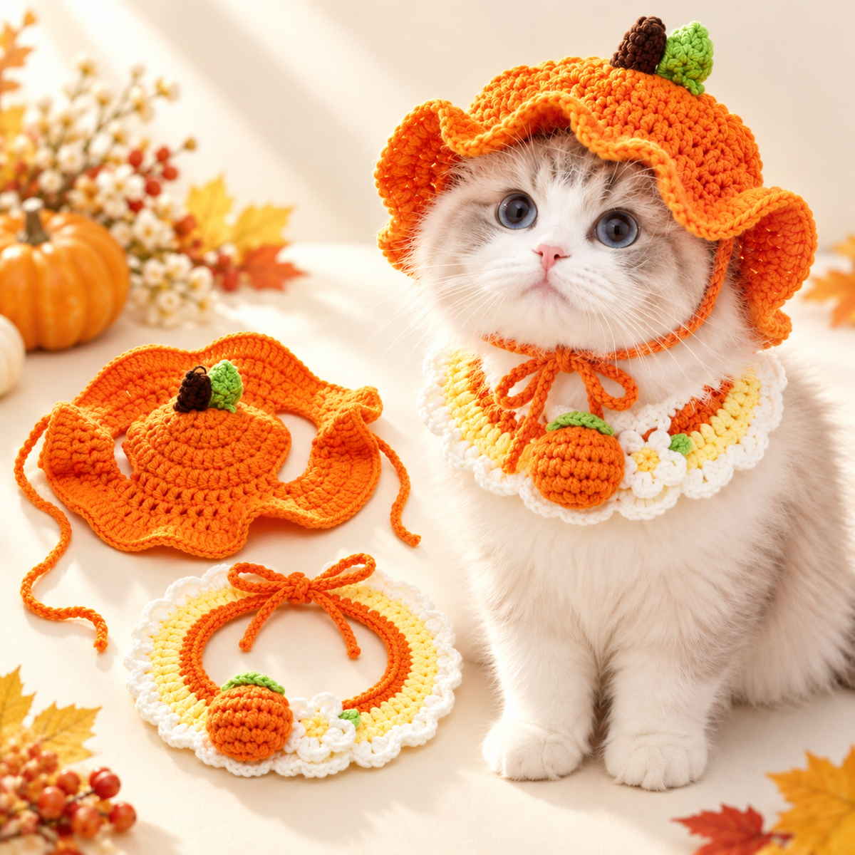 🐾 Handcrafted Crochet Pet Hat & Collar Set – Viral Cute Photo Costume Set ✨
