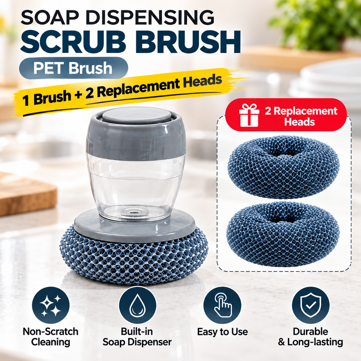 🧽 Refillable Soap Dispensing Dish Scrubber – Palm Kitchen Cleaning Brush ✨