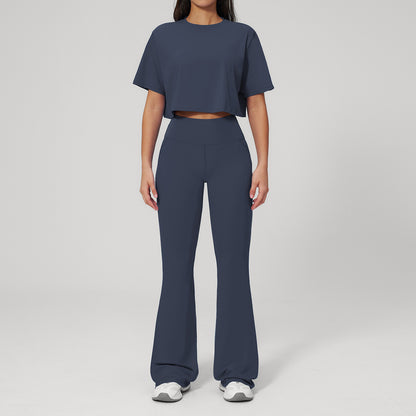 🌸 Women's 2-Piece Activewear Set: Cropped Tee & High-Waisted Flared Pants 🧘‍♀️