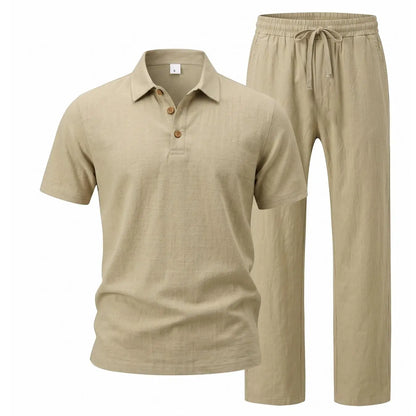 🌿 Men's 2-Piece Linen Outfit Set • Breathable Short-Sleeve Polo Shirt & Relaxed Pants 🏖️