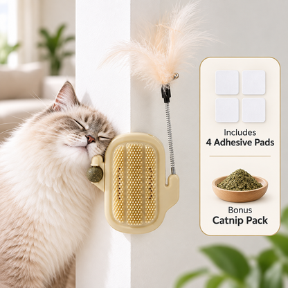 🐾 3-in-1 Cat Self-Grooming Corner Brush with Catnip Ball & Feather Teaser 🌿