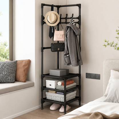 👗 Freestanding Corner Garment Rack with Wheels & Storage Shelves 👠
