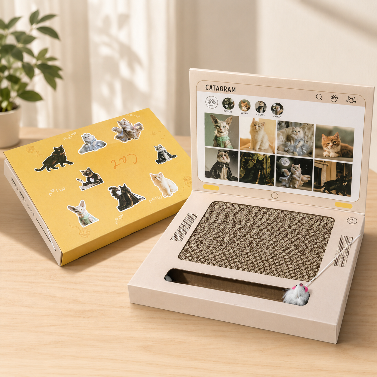 💻 Laptop Cat Scratcher Cardboard Toy with Mouse Ball and DIY Stickers 🐾