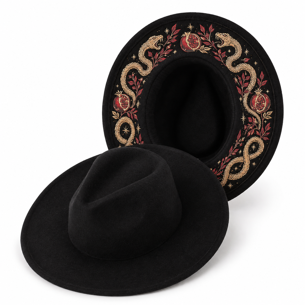 🌙 Embroidered Underbrim Wide-Brim Felt Hat – Gothic Mystic Art ✨