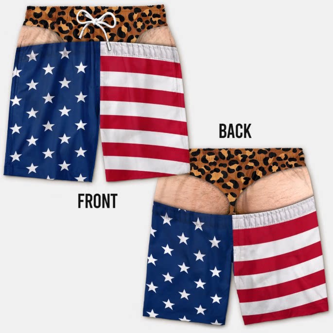 BUY 2 GET FREE SHIPPING 🚚💨 | 🇺🇸 Faux Leopard Thong Patriotic Swim Shorts 🩳