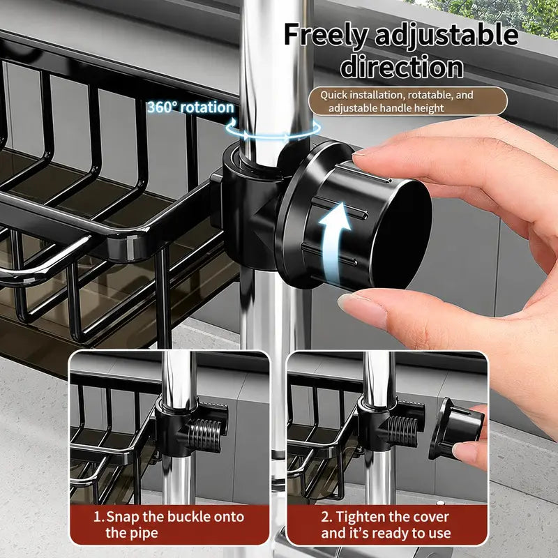 🧽Sink Organizer Rack,Hanging Faucet Drain Rack with Drip Tray Stainless Steel Detachable Sink Faucet Sponge Holder Over Faucet for Kitchen and Bathroom,Scrubbers, Soap,Brush