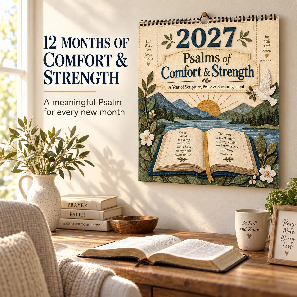 📖 2027 Psalms of Comfort & Strength Wall Calendar – 12-Month Scripture Art ✝️