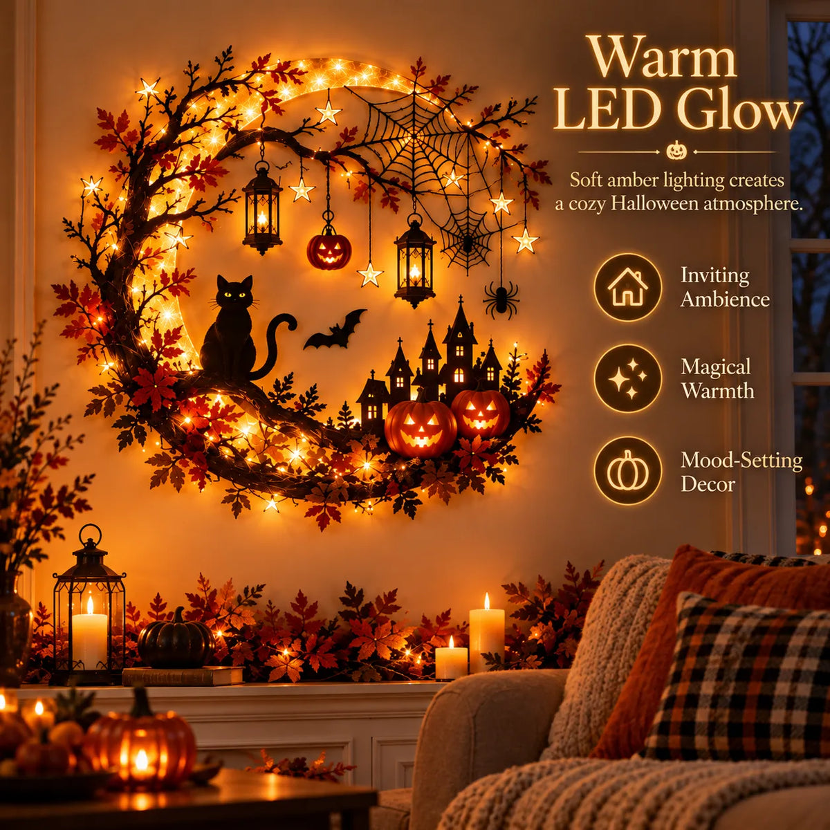 🚚 FREE SHIPPING 🎃 Enchanting Halloween Crescent Moon Wall Light with Black Cat & LED Lanterns 🐈