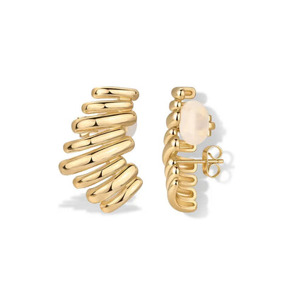 ✨ 50% OFF 14K Gold Plated Climber Stud Earrings for Women – Ribbed Statement Style