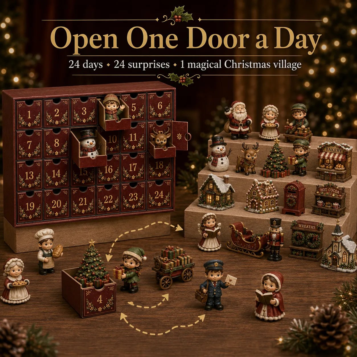 🎄 24 Days of Christmas Village Friends Advent Calendar – Miniature Holiday Town Set ✨