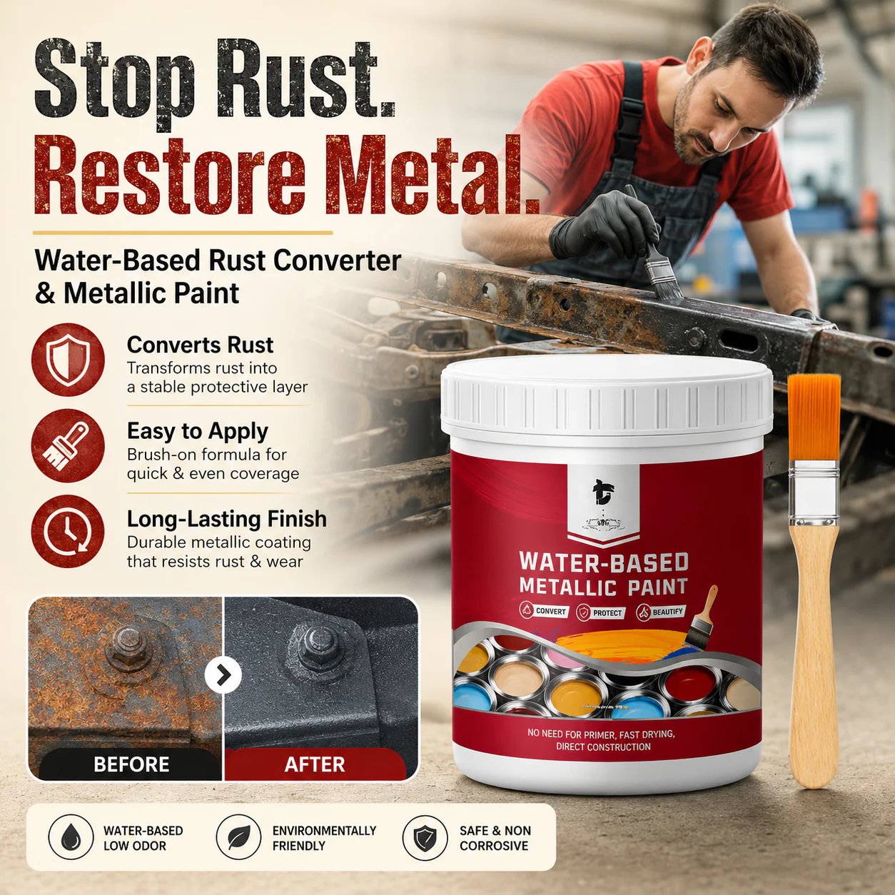 💥 50% OFF TODAY❗🛡️ Water-Based Rust Converter Paint for Metal | Brush-On Protective Coating