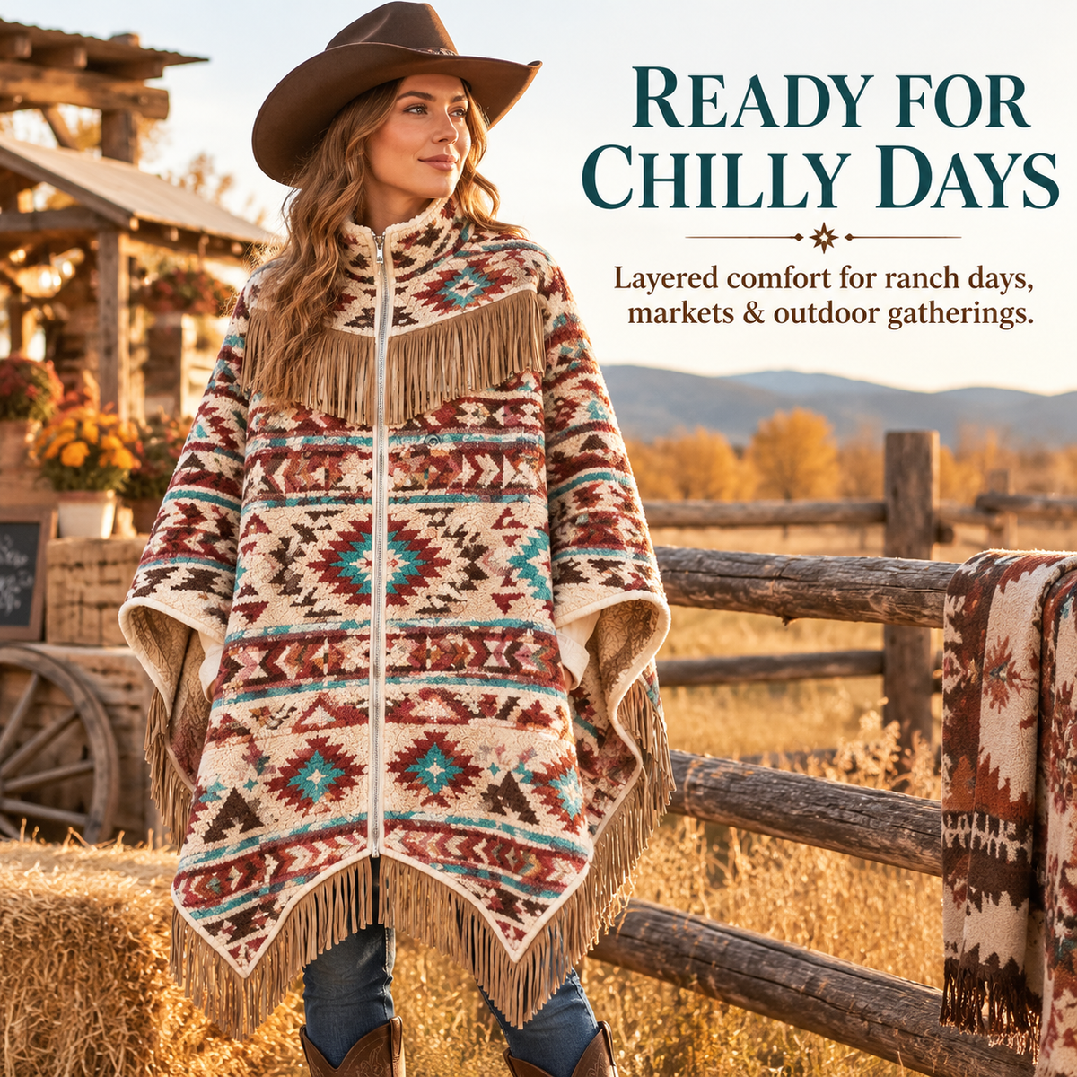 🔥 Heated Western Fringe Poncho – 3 Heat Levels, USB Powered Cowgirl Wrap