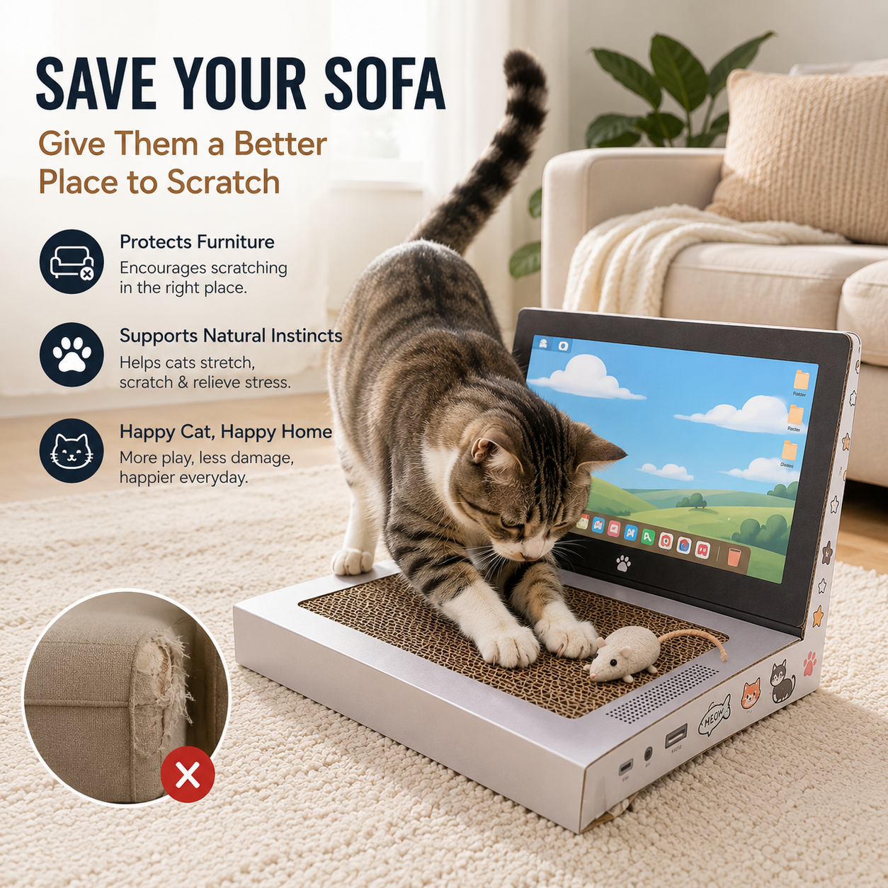 💻 Laptop Cat Scratcher Cardboard Toy with Mouse Ball and DIY Stickers 🐾