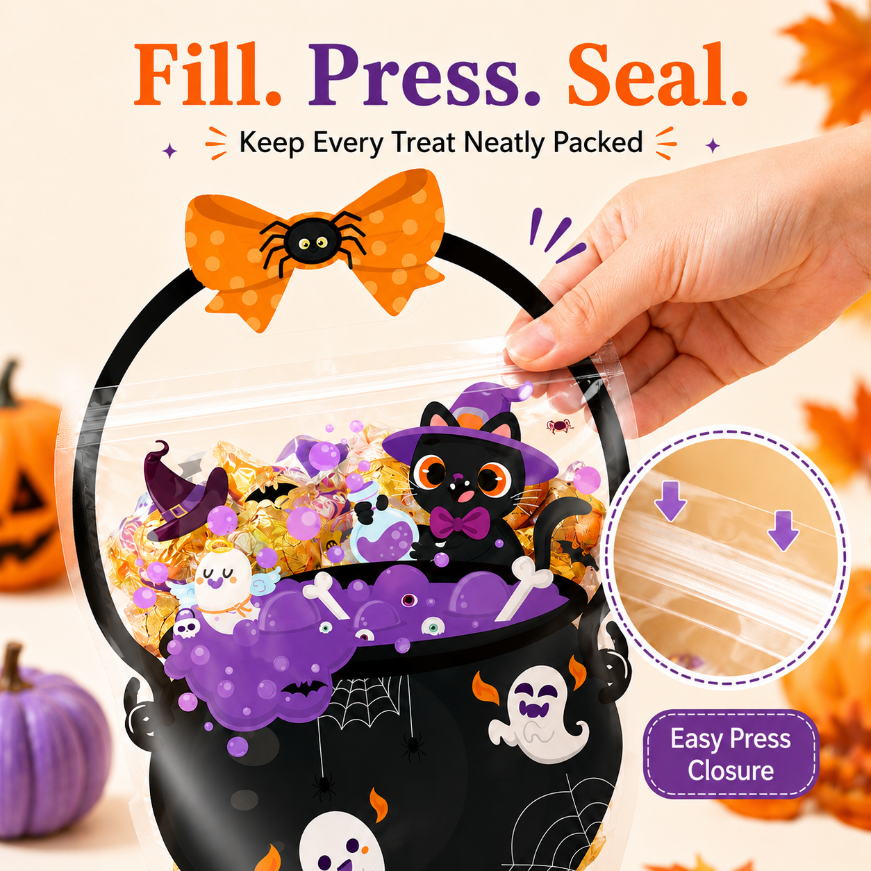 🎃 50-Piece Resealable Halloween Treat Bags with Handles for Candy 🍬