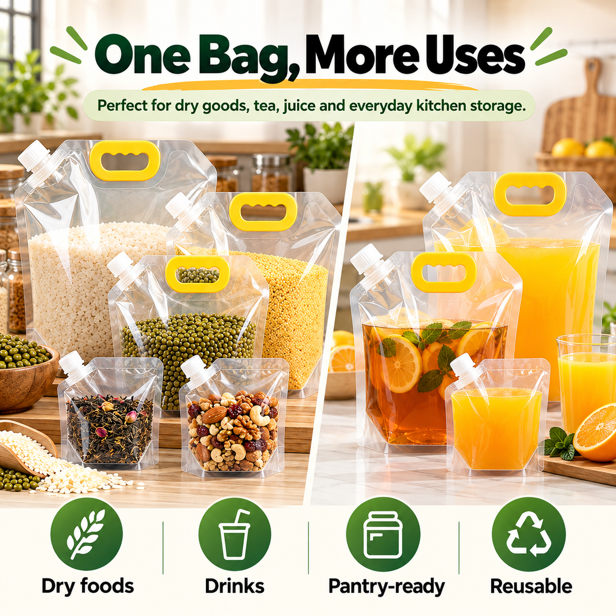 🥣 Reusable Spout Storage Bags – Pour, Store & Organize with Ease
