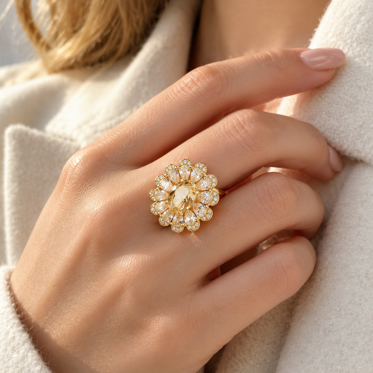 ✨ Natural Citrine Sunflower Ring – A Golden Glow of Elegance