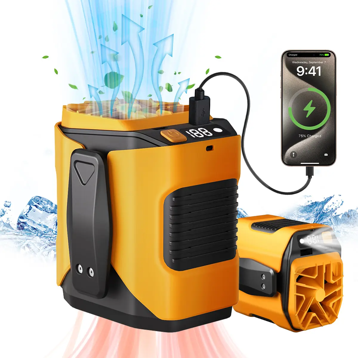 🔥 Rechargeable High-Speed Waist Fan | Power Bank & LED Light