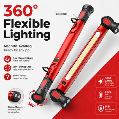 🔦 3000LM Magnetic LED Work Light – Rechargeable & Hands-Free