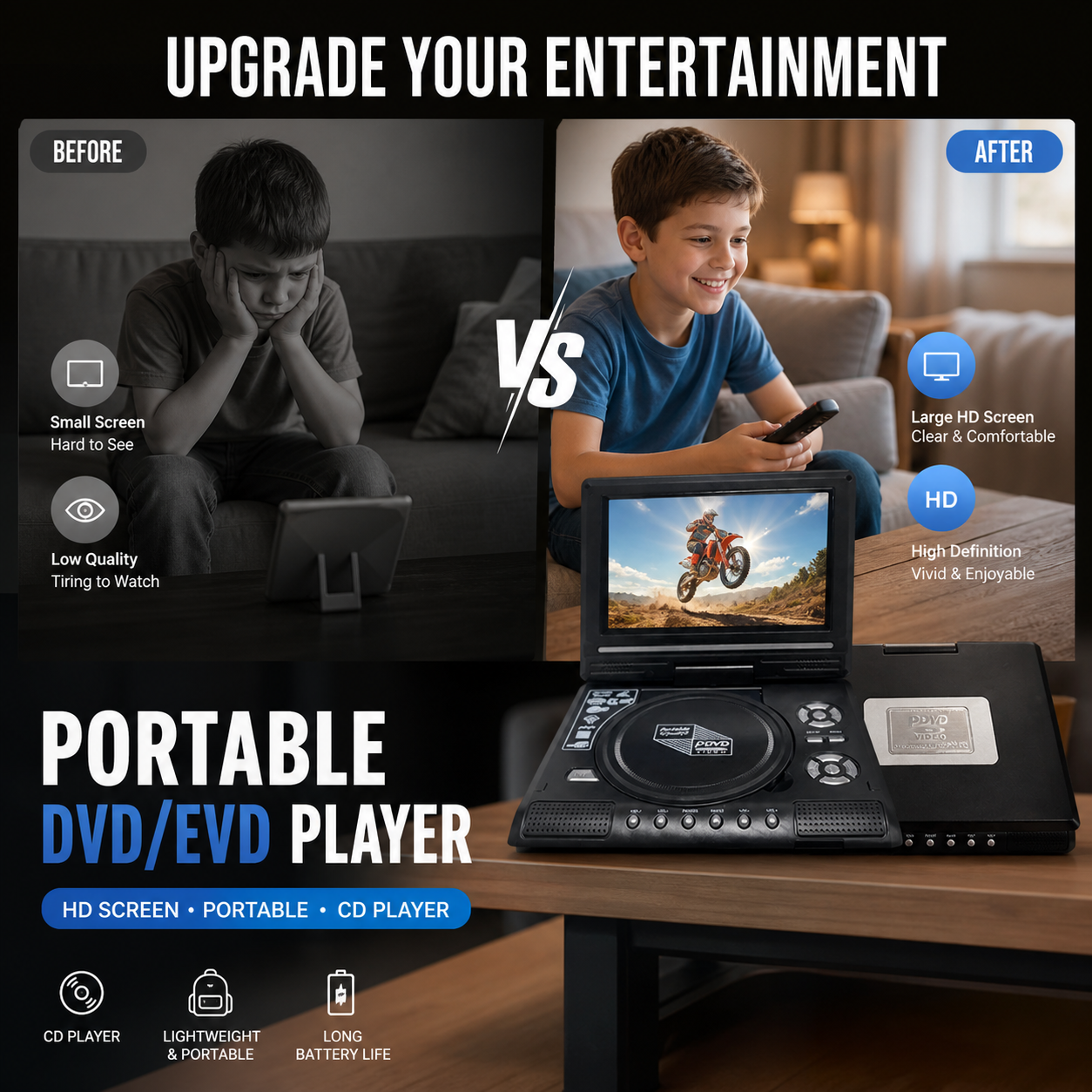 📺 Portable DVD/EVD Player – 7.8in Rechargeable Screen for Travel