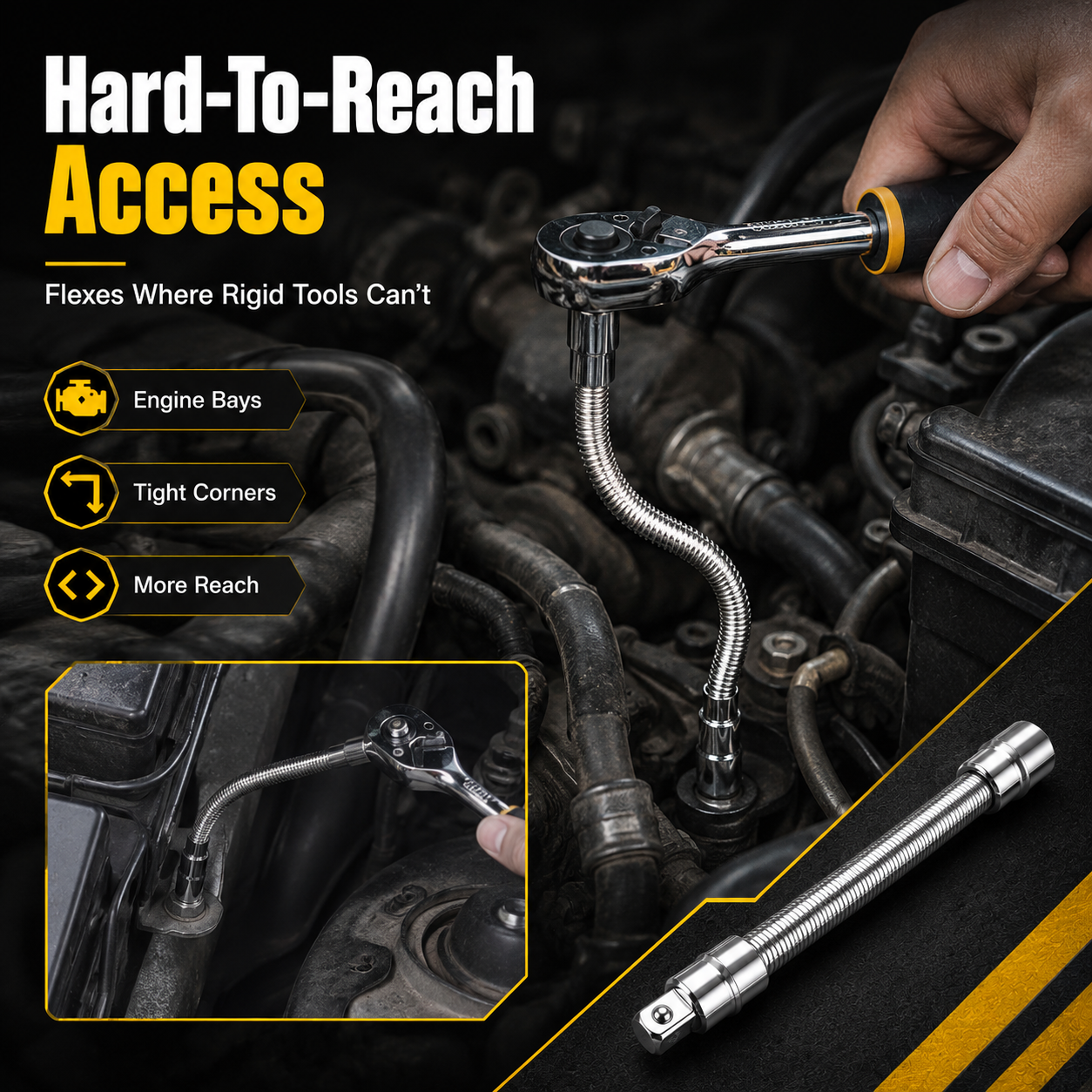 🔧 3-Piece Flexible Socket Extension Set – Reach Tight Bolts Faster